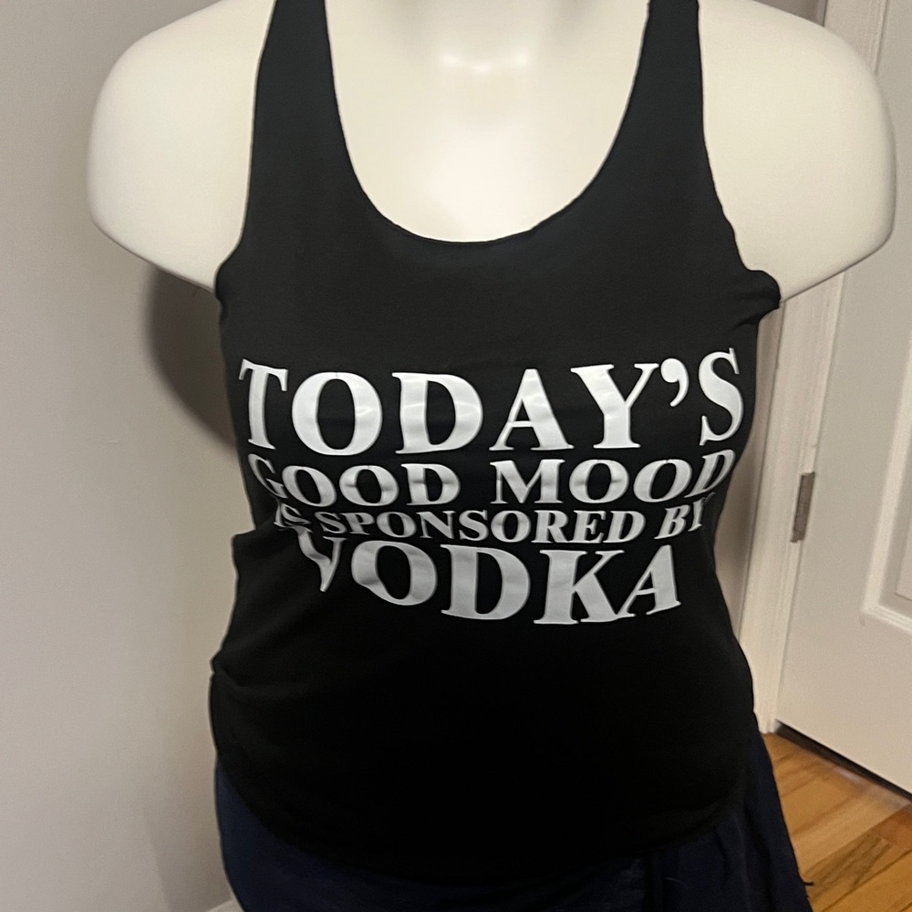 Black Graphic Scoop Neck Tank Top - "Today's Good Mood Sponsored By Vodka"